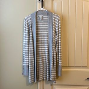 White House Black Market sweater cardigan in medium gray and white stripe